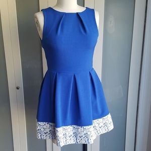 Blue w Lace Accent Full Skirt Dress with Pockets